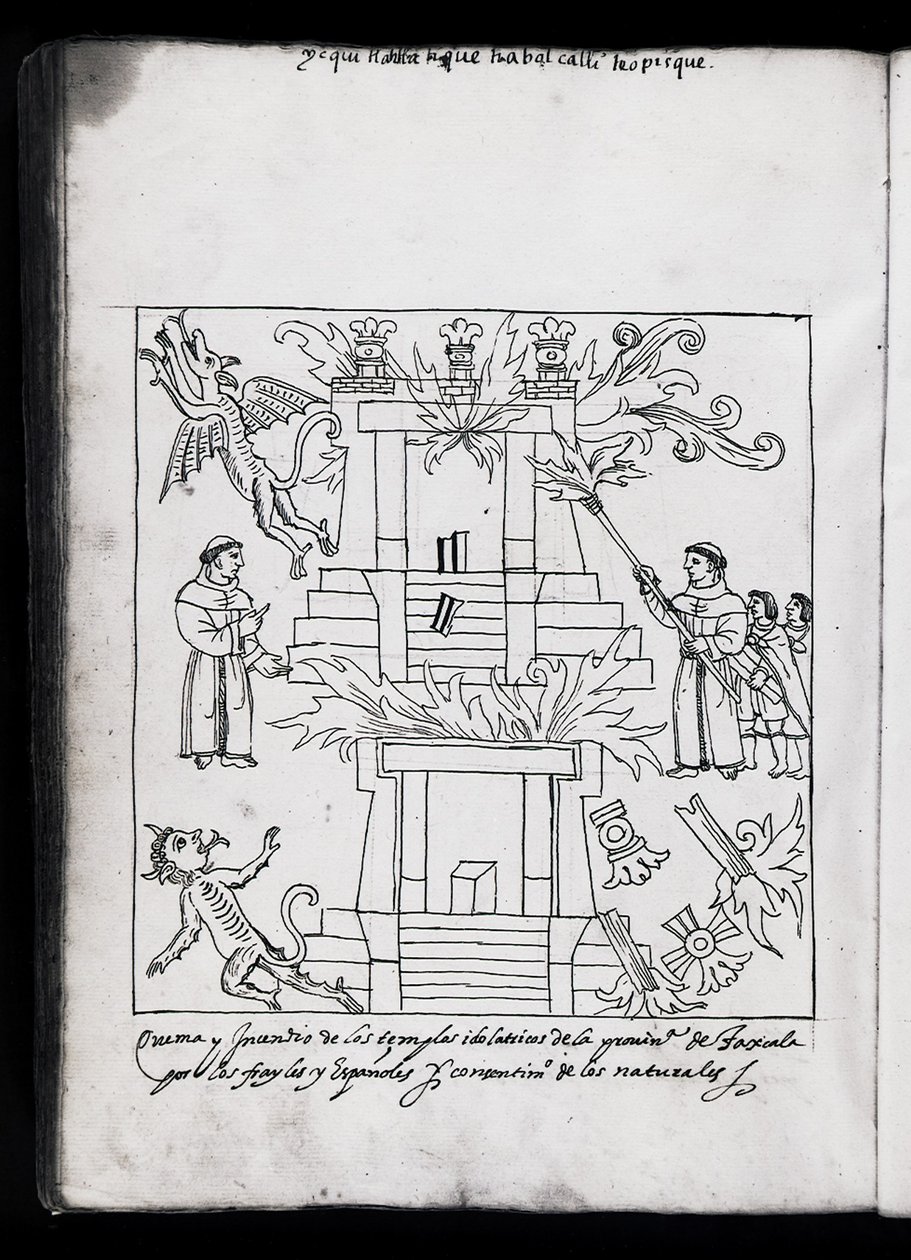 MS Hunter 242 f.240v La quema de los templos, Tlaxcala, ilustración de 