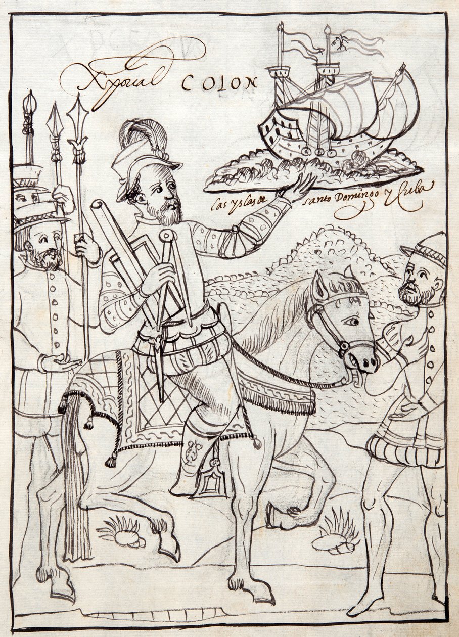 MS Hunter 242 f.247r Cristóbal Colón, ilustración de la Historia de Tlaxcala por Diego Muñoz Camargo de Mexican School