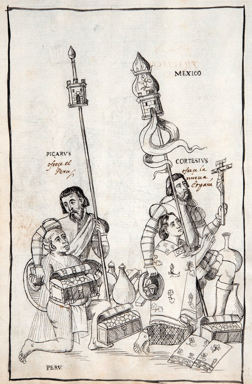 MS Hunter 242 f.248v Picarus (Pizarro) presenta Perú y Cortesius (Cortés) Nueva España, ilustración de la Historia de Tlaxcala por Diego Muñoz Camargo de Mexican School