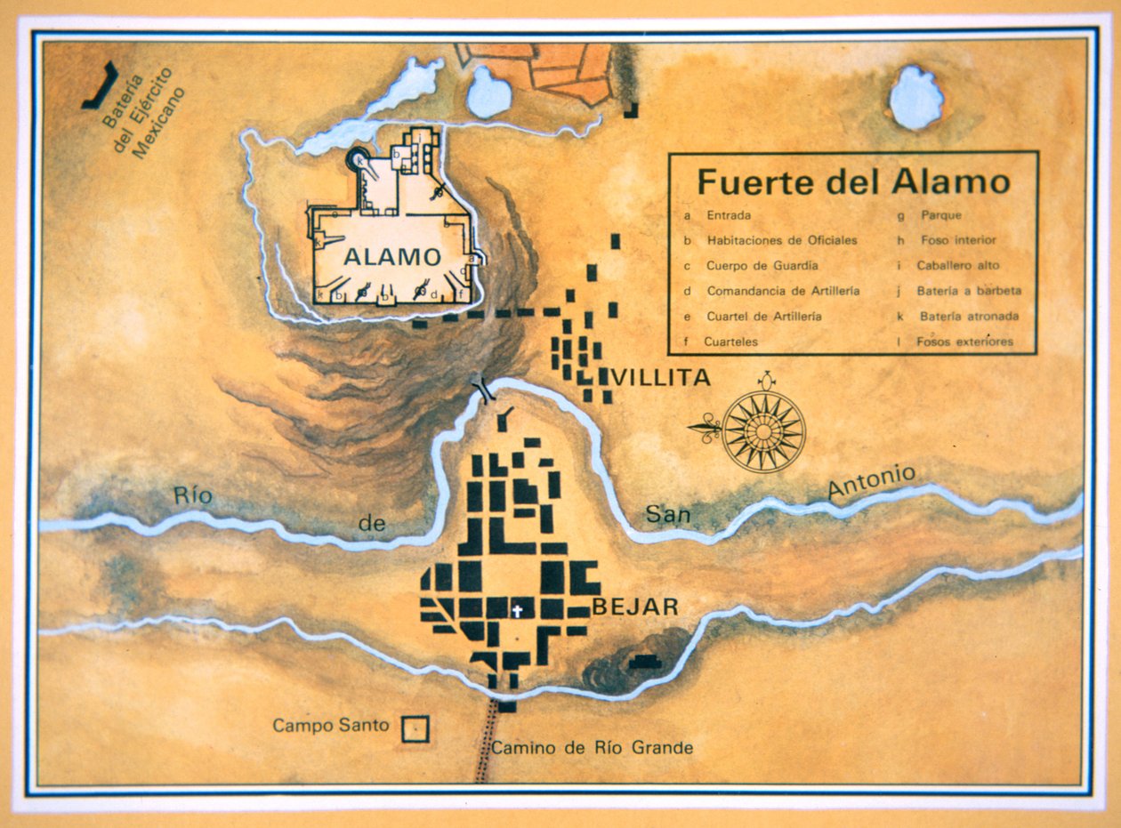 Mapa del área del Álamo en San Antonio basado en el mapa original del campo de batalla de Santa Anna de Mexican School