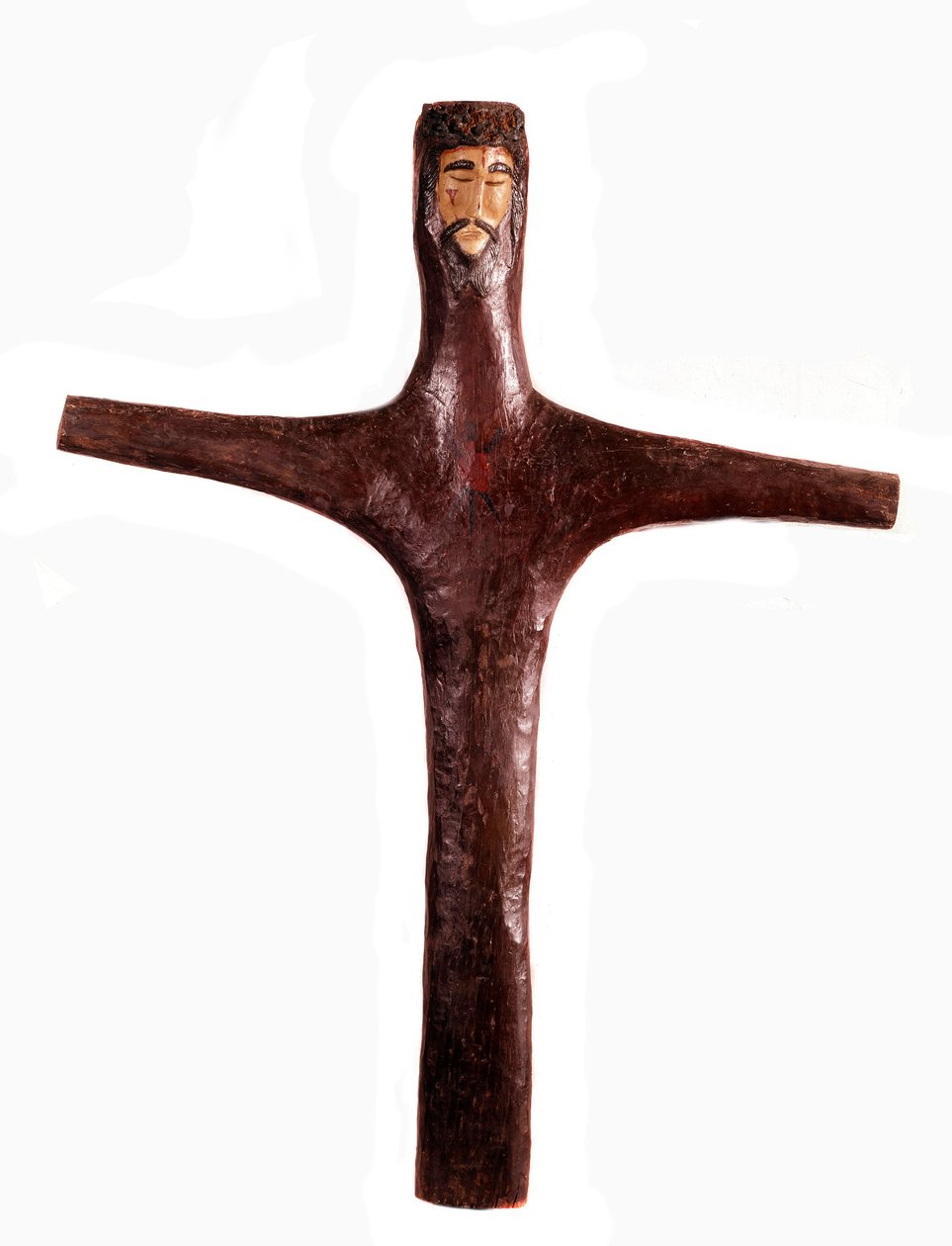 Arte mexicano: cruz de madera policromada con cabeza de Cristo tallada de una sola pieza. Siglo XVII. México. Museo Regional de Michoacán de Mexican School