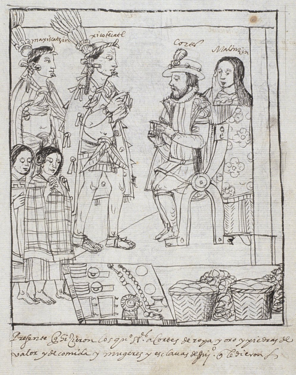 Montezuma se encuentra con Cortés, de Historia de Tlaxcala por Diego Muñoz Camargo de Mexican School