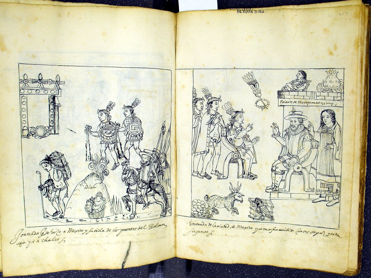 Ms Hunter 242 256v-257r Cortez y Moctezuma, de Historia de Tlaxcala por Diego Muñoz Camargo de Mexican School