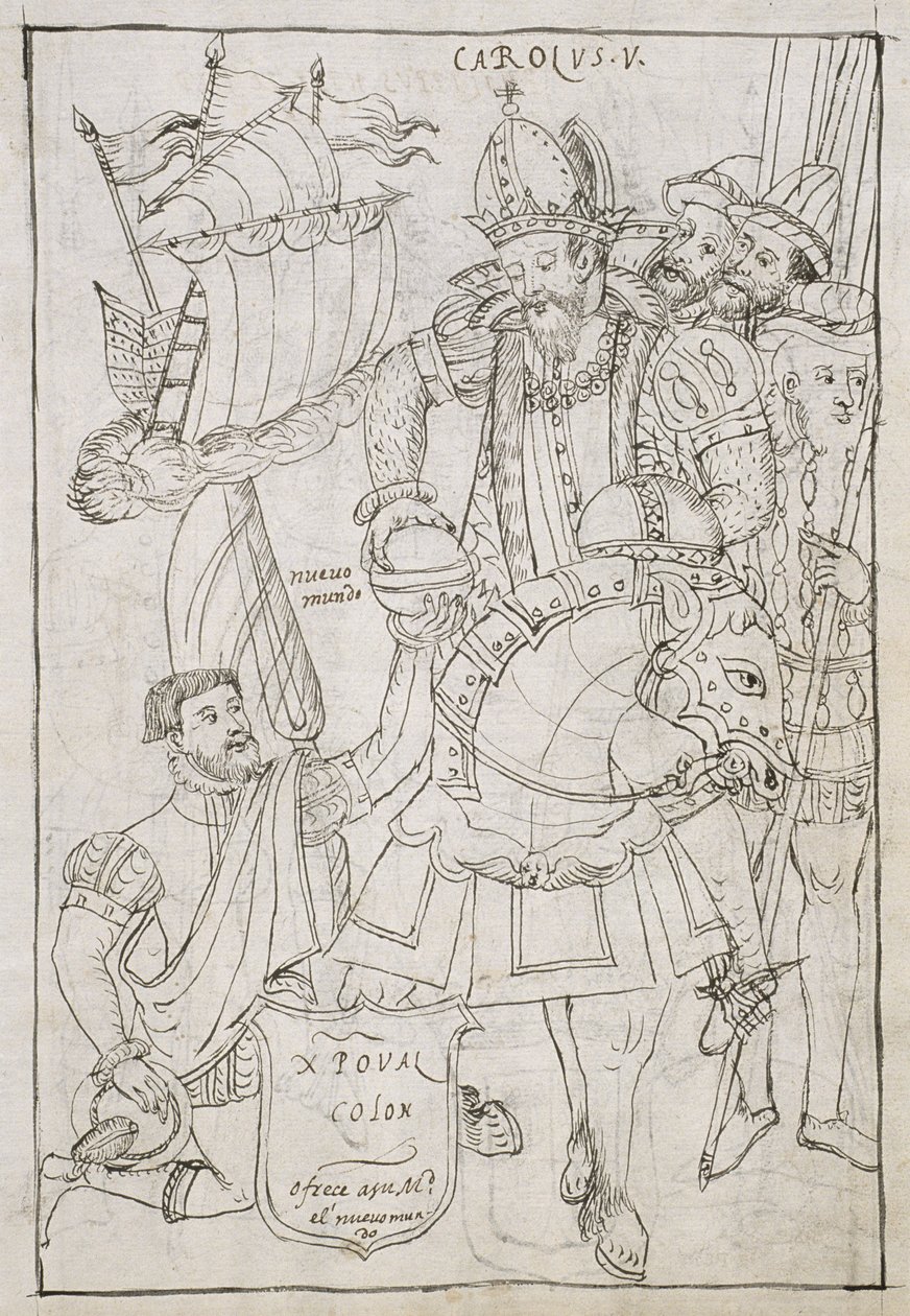 Cristóbal Colón (1451-1506) ofrece simbólicamente el Nuevo Mundo a Carlos V (1500-08), de Historia de Tlaxcala por Diego Muñoz Camargo de Mexican School