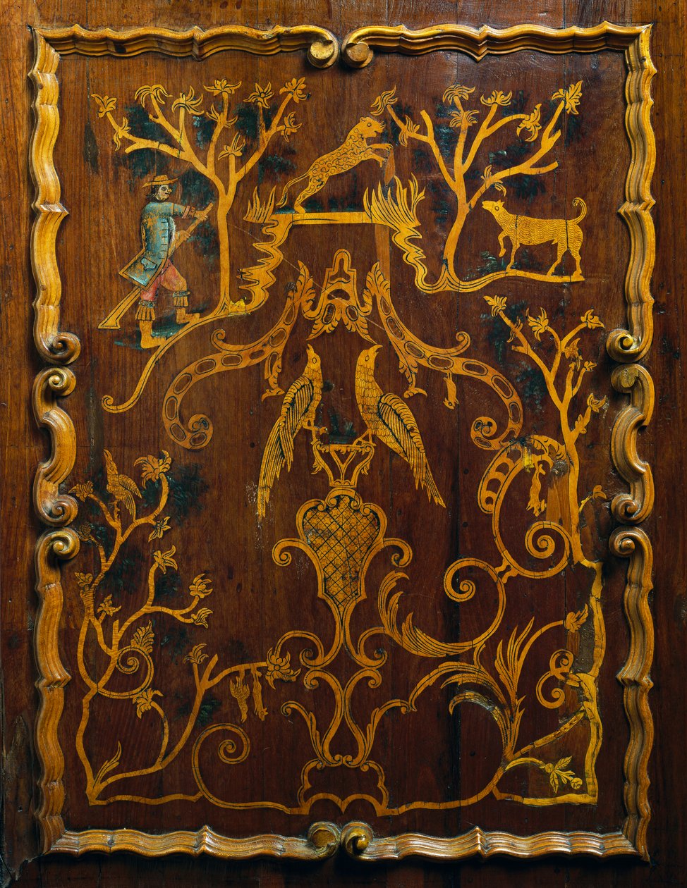 Armario de lino estilo rococó con incrustaciones policromadas y base, período colonial de Mexican School