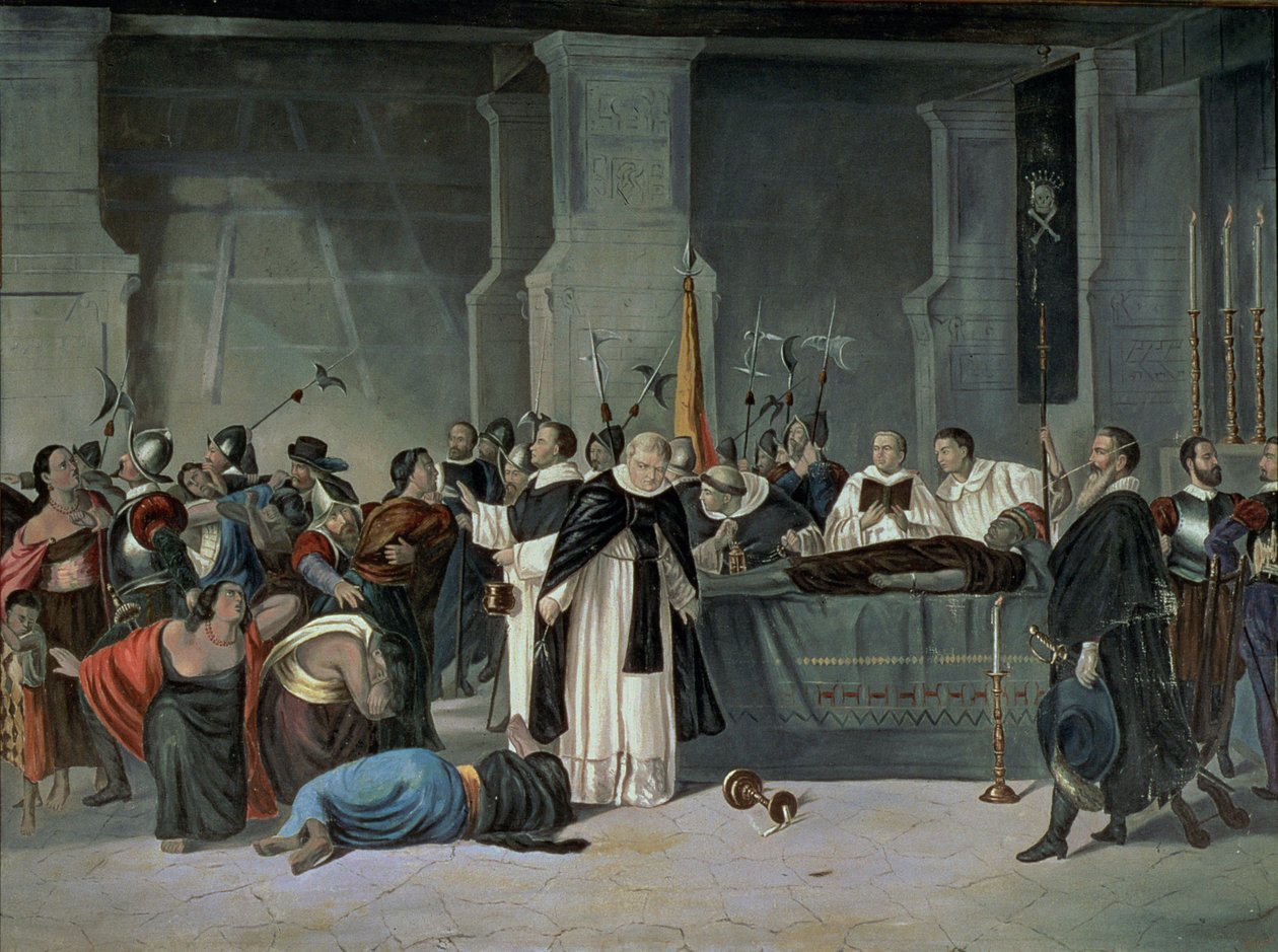 Los funerales del Inca Atahualpa en la ciudad de Cajamarca a los que asistió Francisco Pizarro (c.1475-1541) (óleo sobre lienzo) de Mexican School
