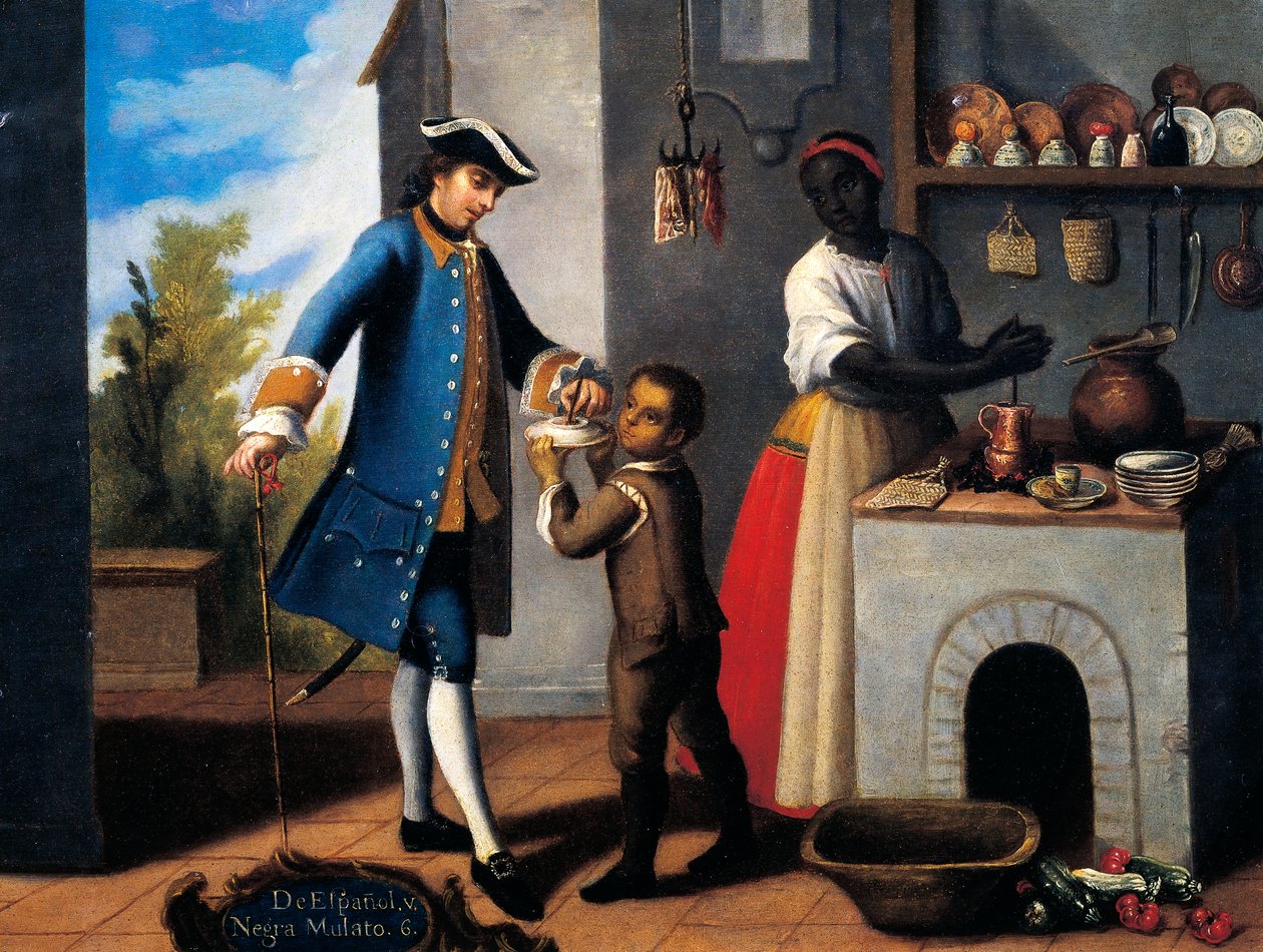Hombre español blanco, mujer negra y hijo mestizo (mulato), pintura sobre el tema del mestizaje de Mexican School
