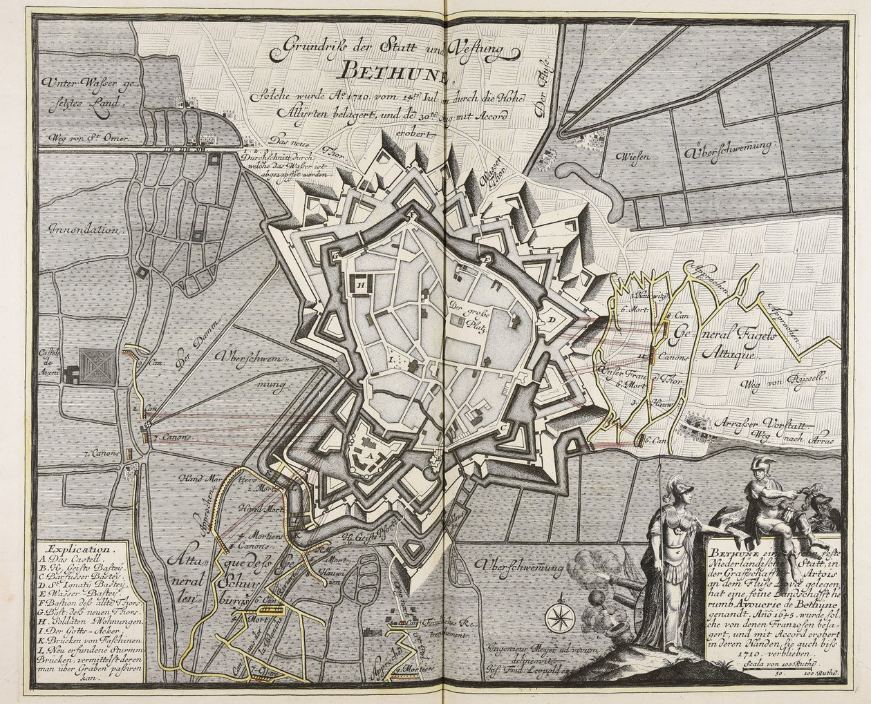 Planta de la ciudad y fortaleza de Bethune, asediada por los Altos Aliados desde el 14 de julio de 1710. Iul. por los Altos All¨yrten y conquistada el 30 Ago. Aug. con Accord conquistado / Ingeniero Meyer ad vivum delineavit. de Meyer