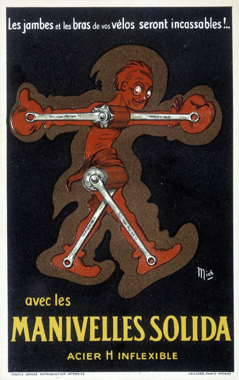 Publicidad para bielas Velo hechas de acero sólido. Dibujo de Mich (Michel Liebeaux) de Mich