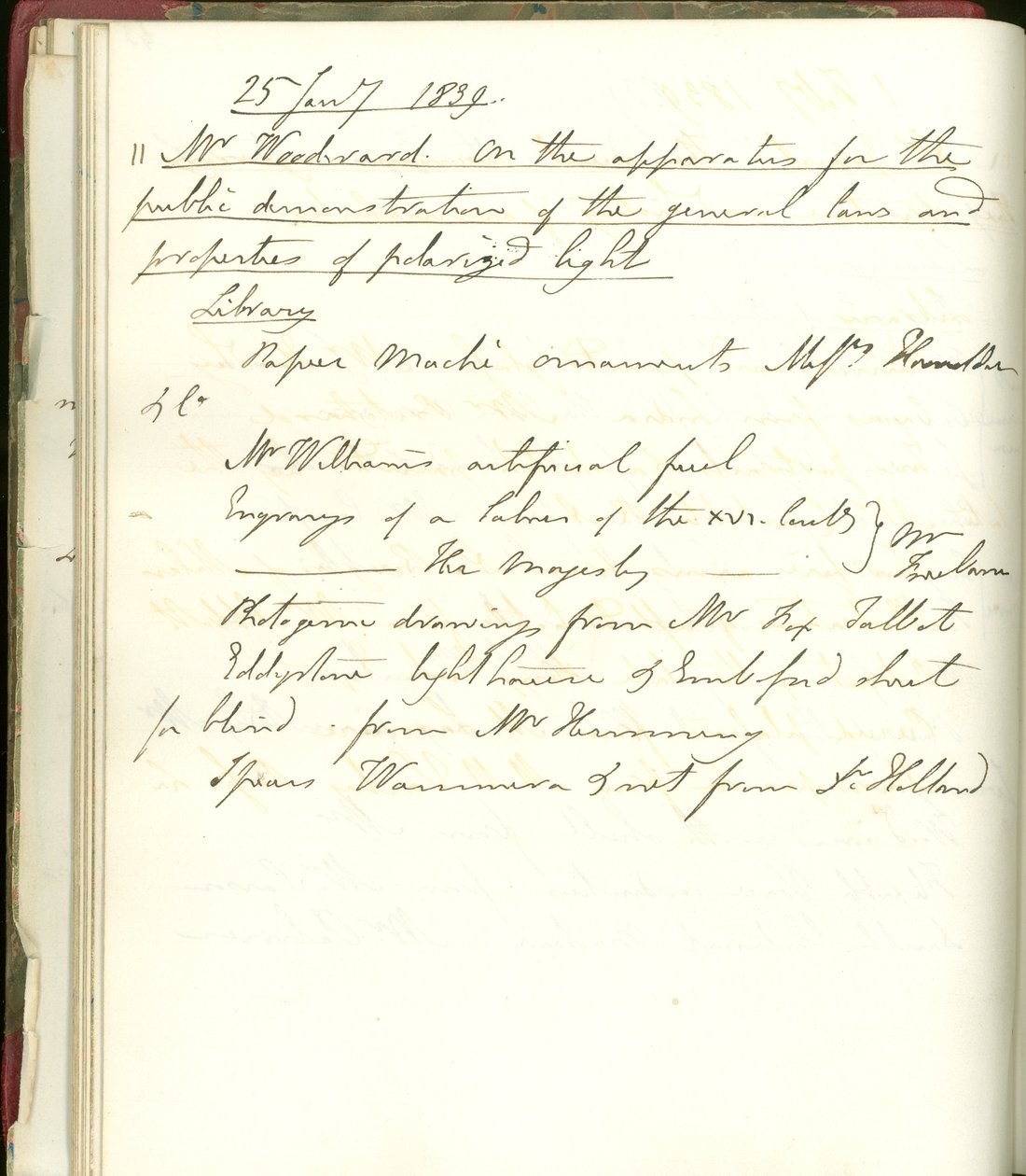 Una página del cuaderno de Michael Faraday anunciando una exhibición de los nuevos dibujos fotográficos de William Fox-Talbot, en la Royal Institution, 25 de julio de 1839 de Michael Faraday