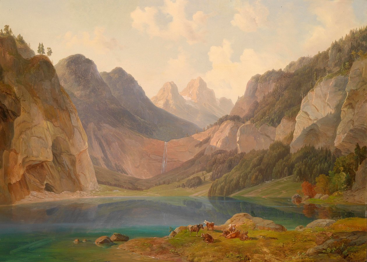 Paisaje montañoso con rebaño de animales descansando en primer plano de Michael Lueger