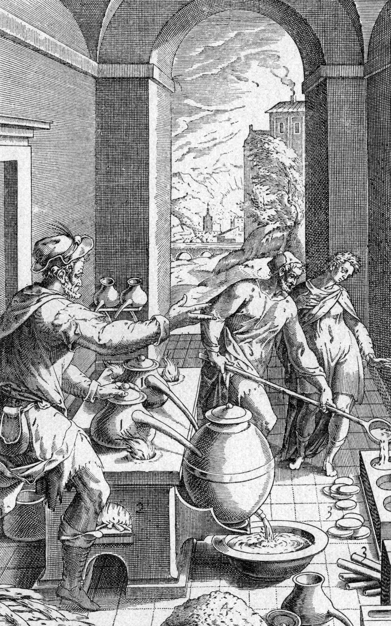 Un alquimista en su taller, grabado de Metallotheca por Michele Mercati (1541-1593) publicado en 1719 de Michael Mercator