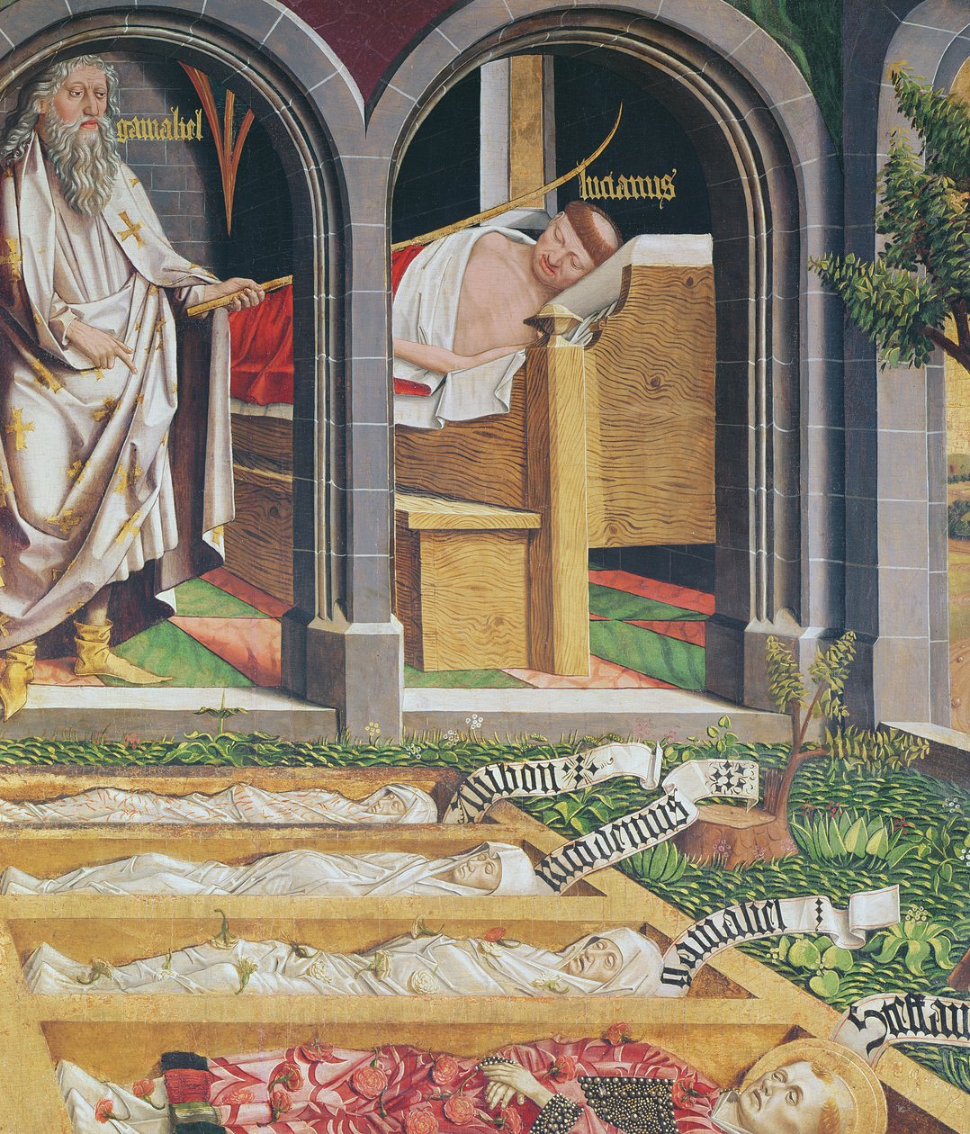 La Aparición de Gamaliel al Sacerdote, Lucien, del Retablo de San Esteban, c.1470 de Michael Pacher
