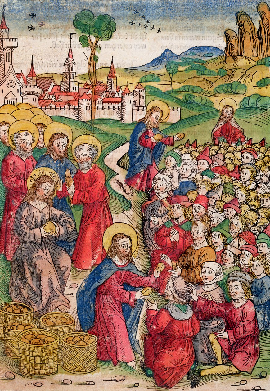 La Multiplicación de los Panes y los Peces, 1491 (xilografía en color) de Michael Wolgemut