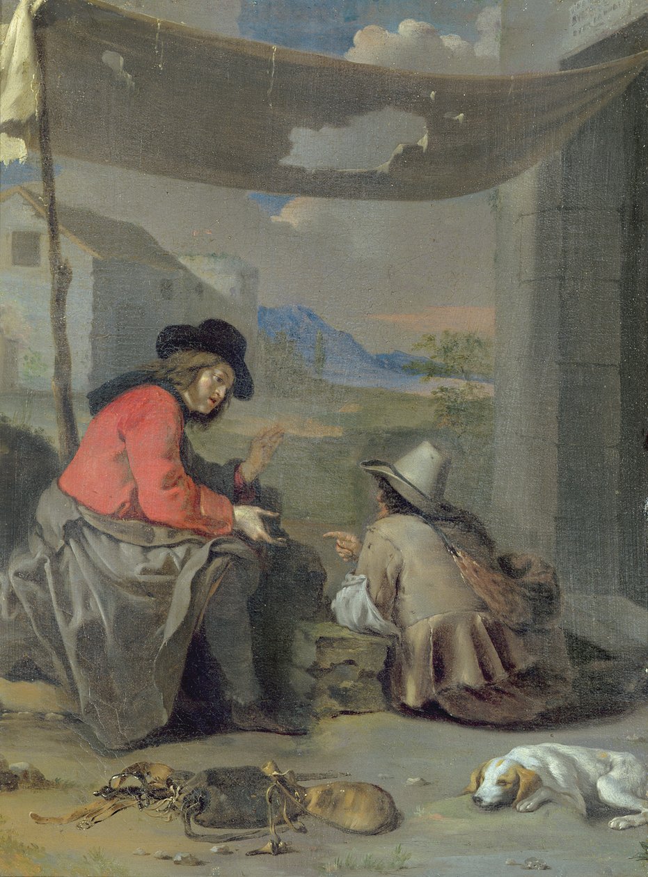 Dos figuras sentadas con un perro de Michael (attr. to) Sweerts
