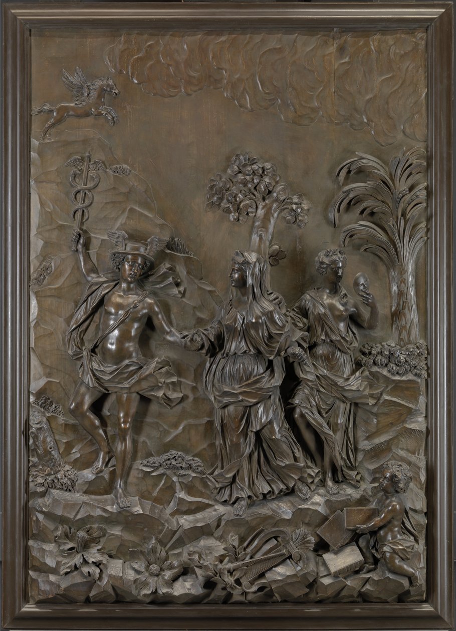 Los relieves de Stowe: Mercurio conduciendo la poesía trágica y cómica al Monte Parnaso, c.1740 de Michael (attr.to) Chuke