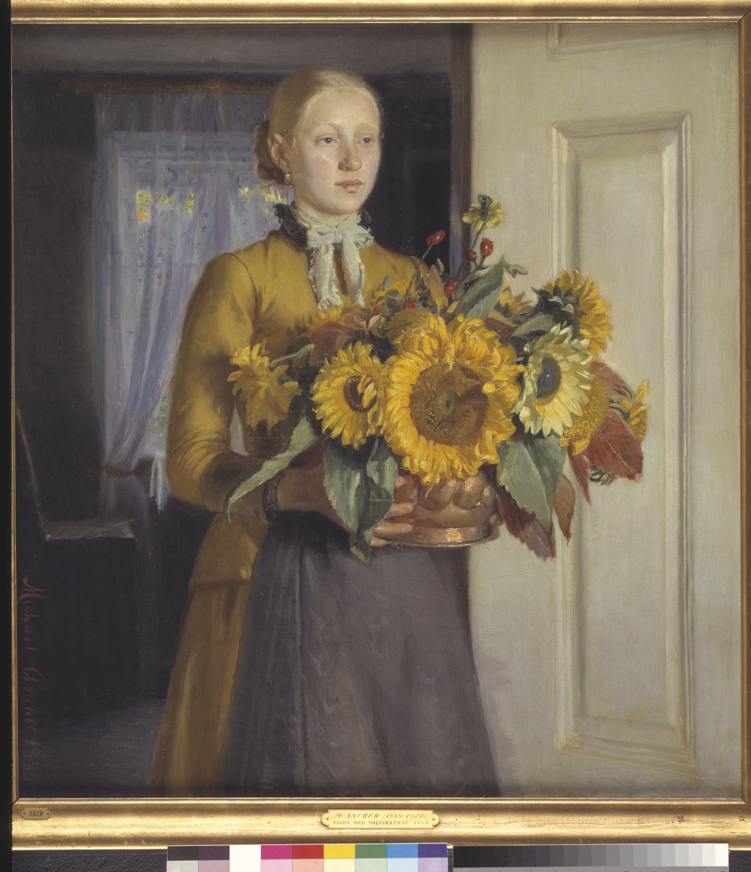 Una niña con girasoles de Michael Ancher