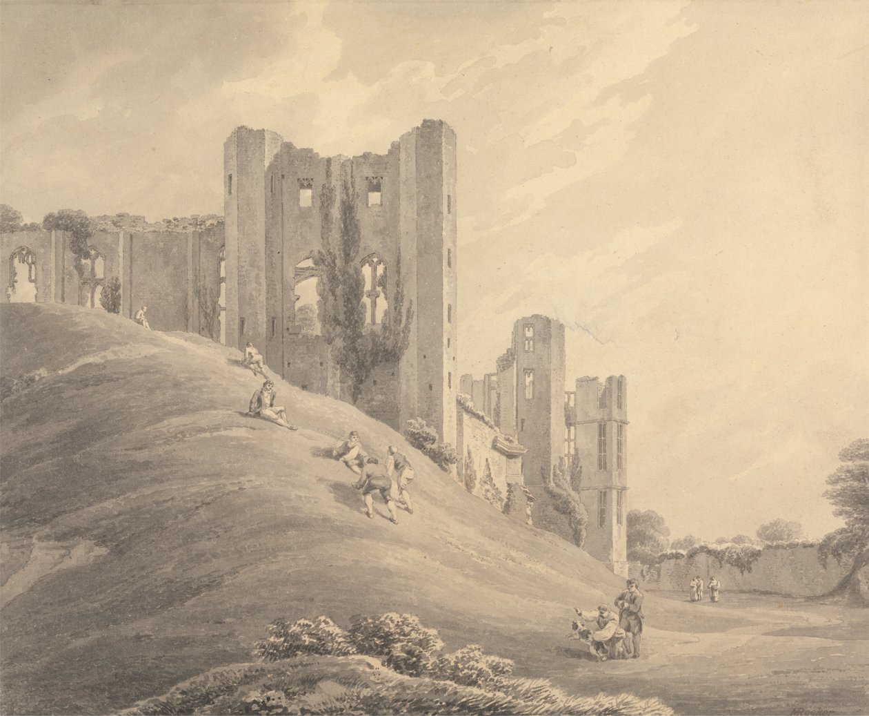 Castillo de Kenilworth, con figuras en la ladera de Michael Angelo Rooker
