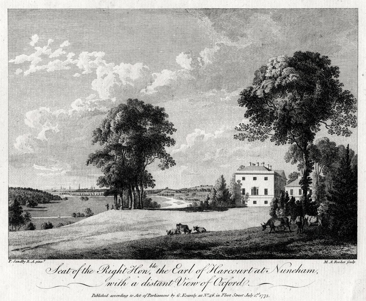 Asiento del Muy Honorable Conde de Harcourt en Nuneham, con una vista distante de Oxford, 1775 de Michael Angelo Rooker
