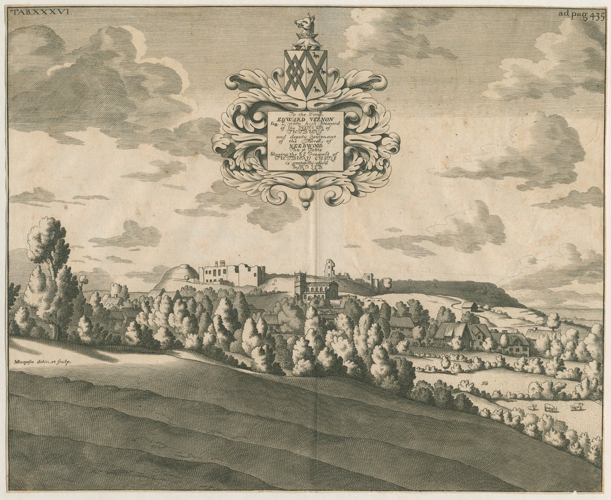 Castillo de Tutbury - Vista distante: grabado en cobre, nd [c 1686] de Michael Burghers