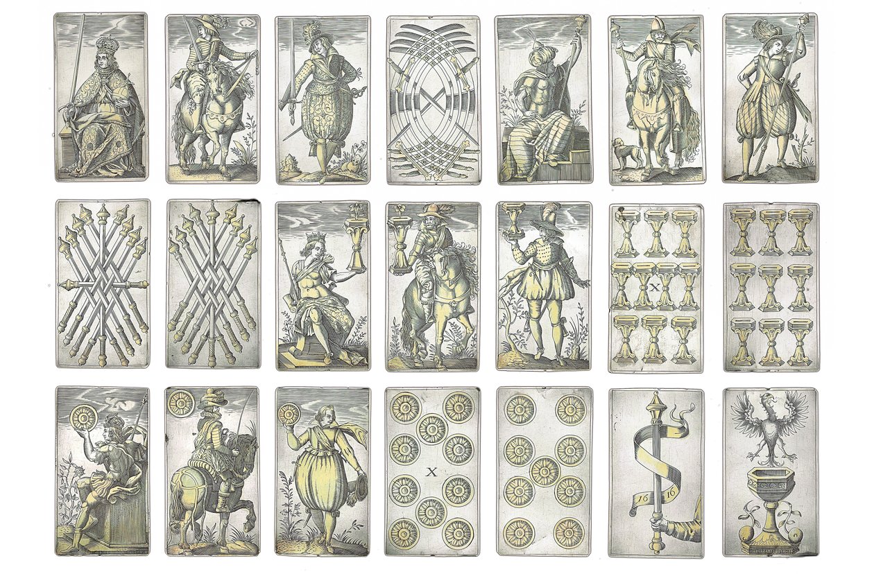 Detalle de un conjunto extremadamente raro de 52 cartas de juego grabadas en los cuatro palos italianos, Augsburgo de Michael Froemmer