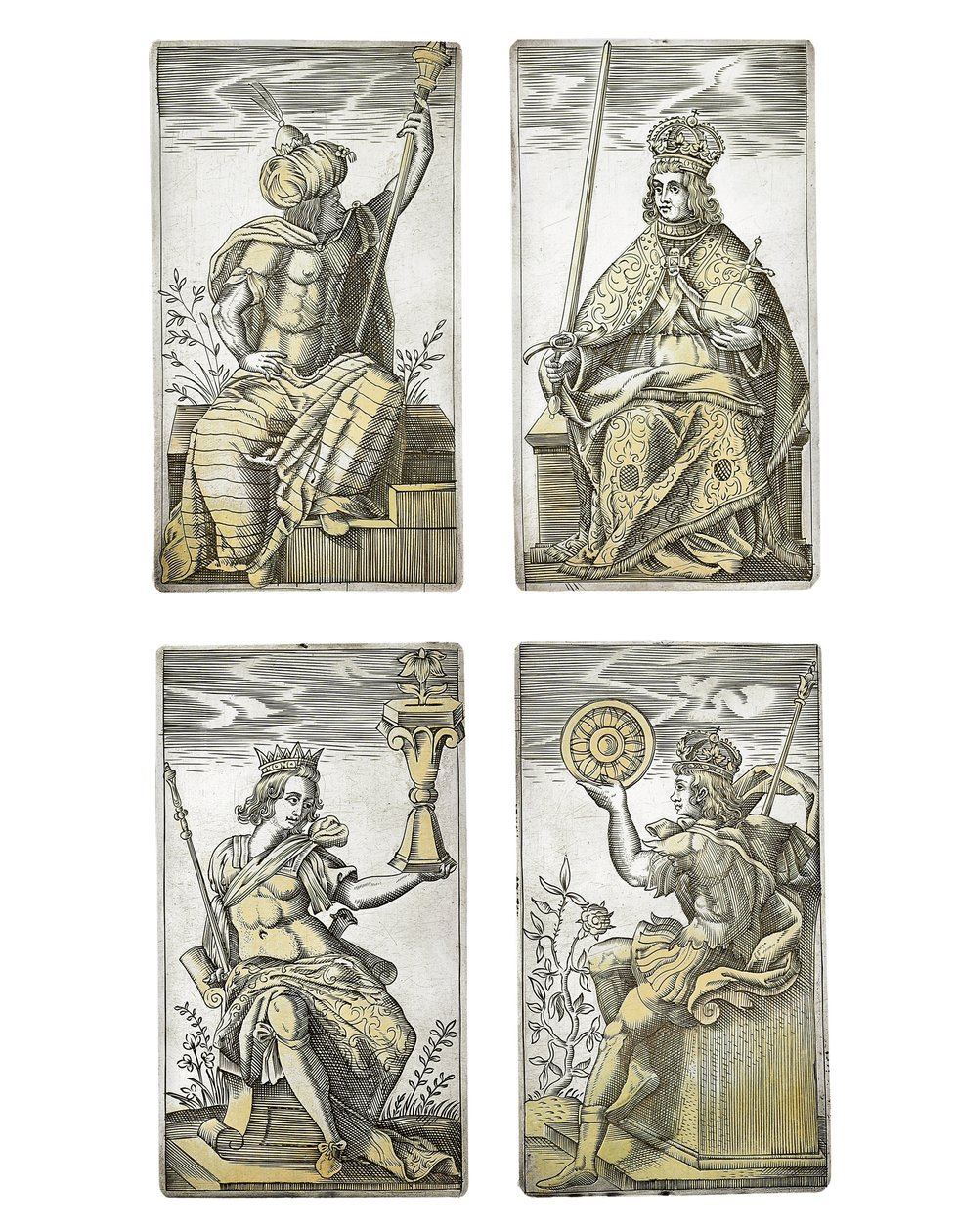(detalle) Conjunto extremadamente raro de 52 cartas de juego grabadas en los cuatro palos italianos, Augsburgo de Michael Froemmer