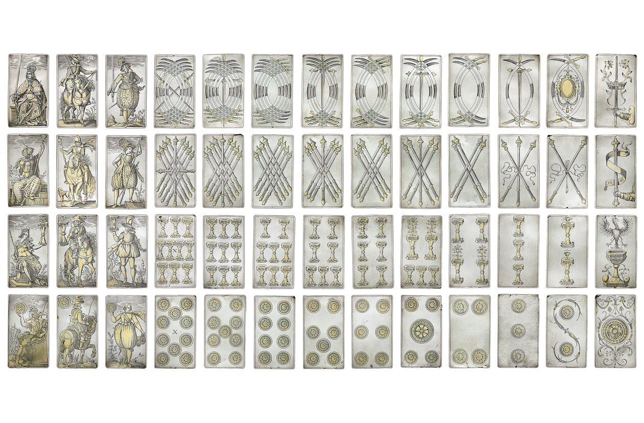 Juego extremadamente raro de 52 cartas grabadas en los cuatro palos italianos, Augsburgo de Michael Froemmer
