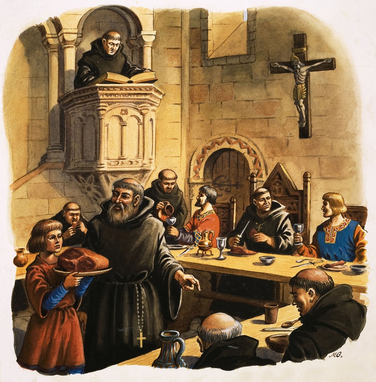 Novicios sirviendo comidas en el Refectorio de Michael Godfrey