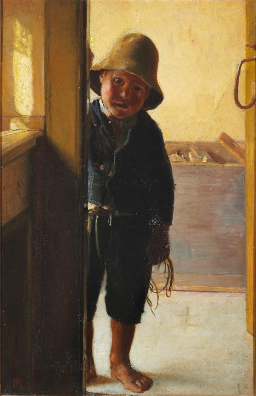 El hijo de un pescador mirando a través de una puerta. de Michael Peter Ancher