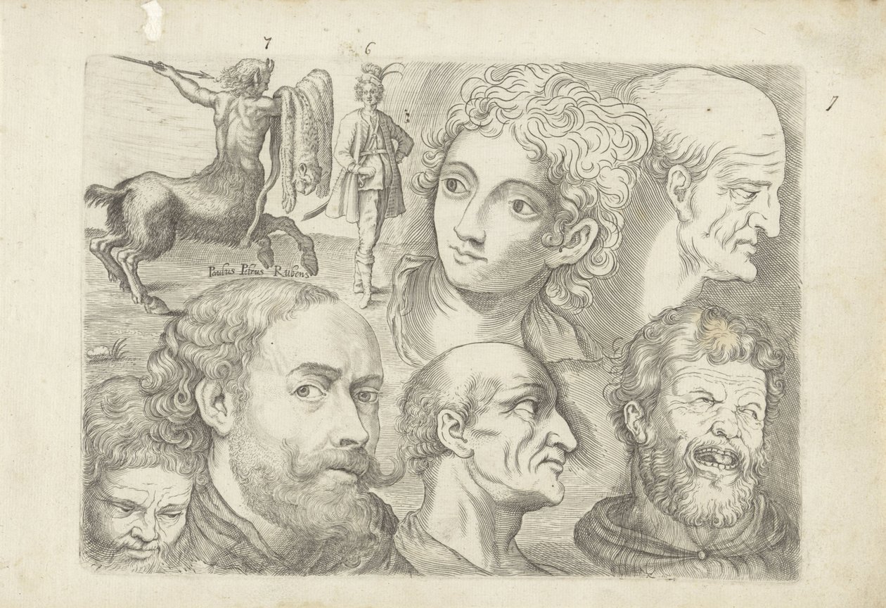 Hoja de estudio con ejemplos de dibujo: centauro, figura de pie y cabezas de Michael Snijders