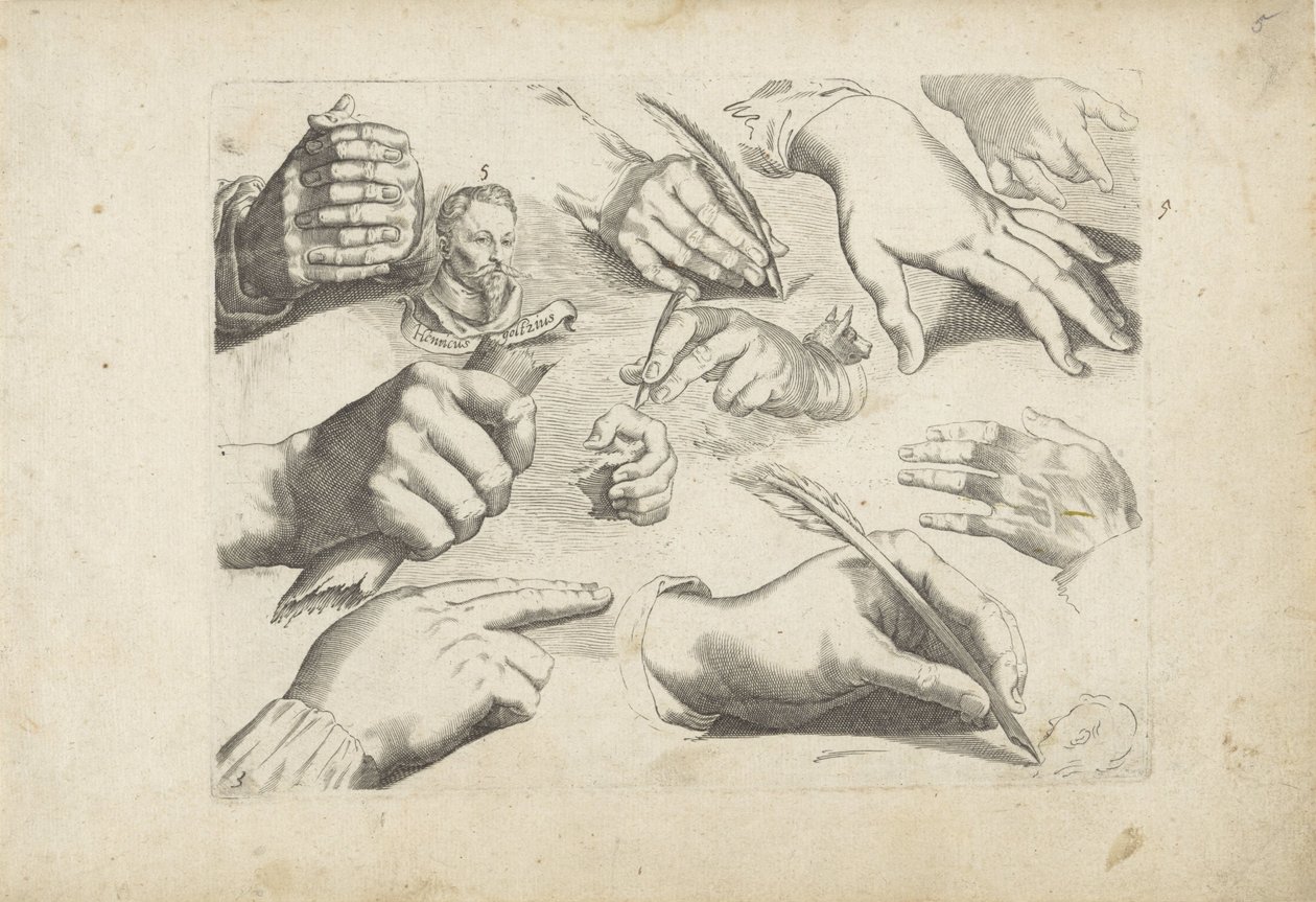 Hoja de estudio con ejemplos de dibujo: manos y retrato de Hendrick Goltzius de Michael Snijders