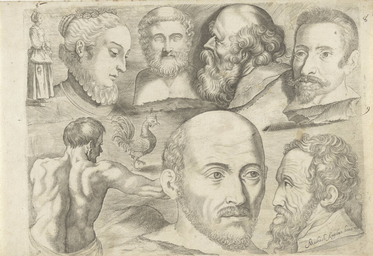 Hoja de estudio con ejemplos de dibujo: figura de pie, gallo y cabezas de Michael Snijders