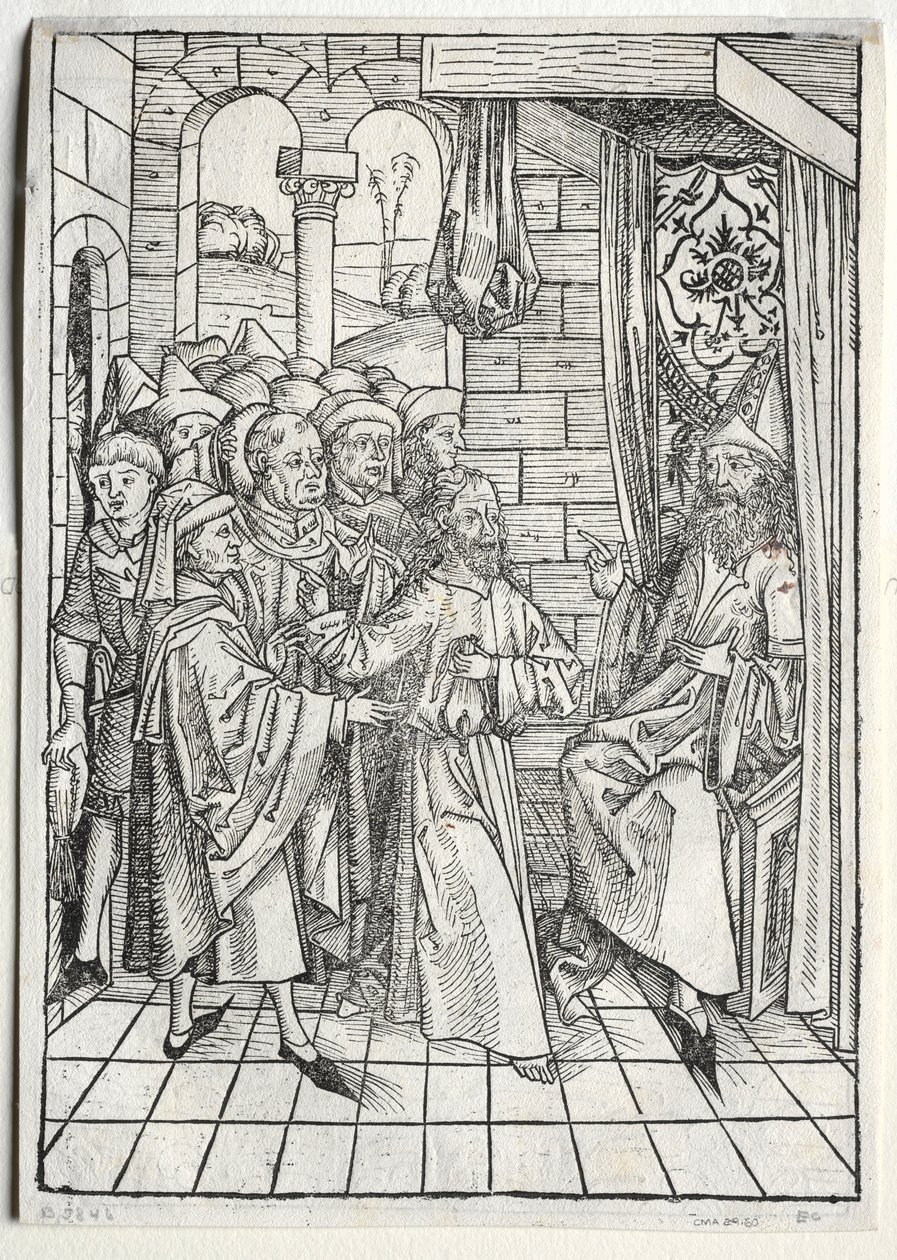 Der Schatzbehalter: Cristo ante Caifás verso, 1491 de Michael Wolgemut