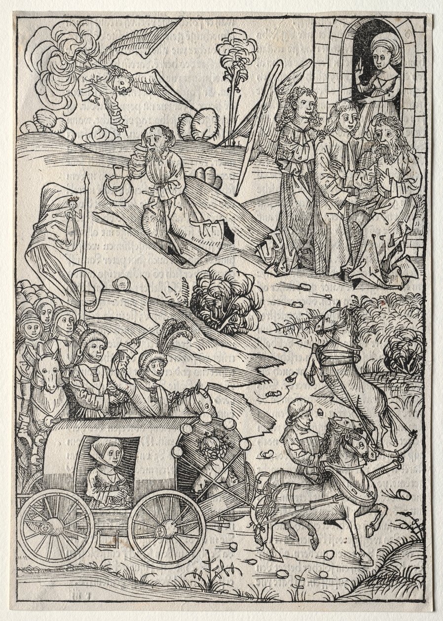 Der Schatzbehalter: El regreso de Tobías a Tobit; La llegada de la esposa de Tobías; El ángel trayendo comida y bebida a Elías en el desierto de Michael Wolgemut