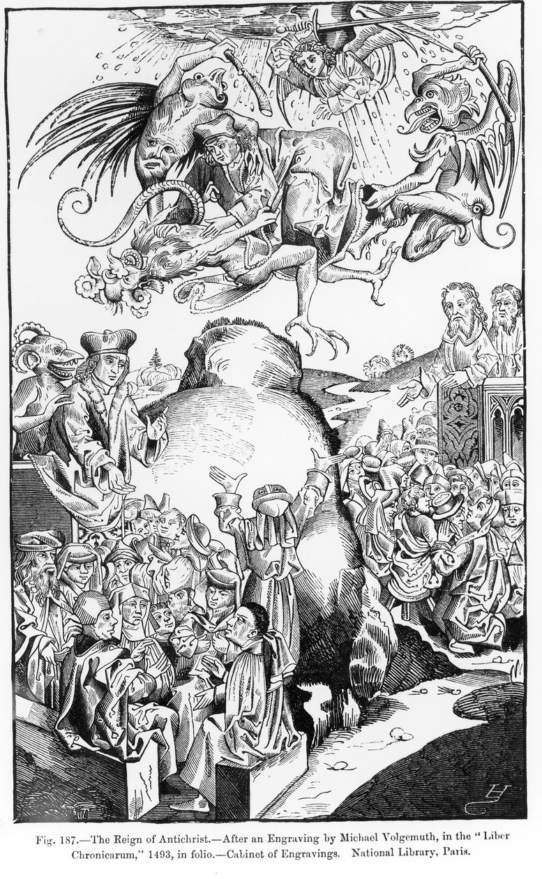 El Reinado del Anticristo, del Liber Chronicarum, publicado en 1493, ilustración de Ciencia y Literatura en la Edad Media y el Renacimiento, escrito y grabado por Paul Lacroix, 1878 de Michael Wolgemut