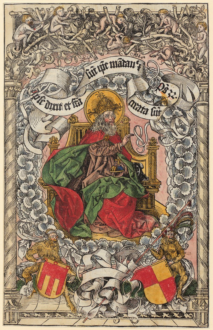Titelholzschnitt mit Gottvater auf dem himmlischen Thron, die Hand segnend erhoben de Michael Wolgemut