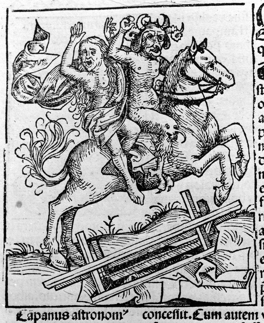 El Diablo y una Bruja yendo al Sabbat por Hartmann Schedel, Liber chronicarum, Núremberg 1493 de Michael Wolgemut or Wolgemuth
