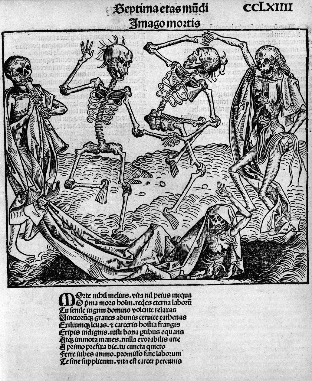 Escena de danza macabra, con esqueletos, -en 