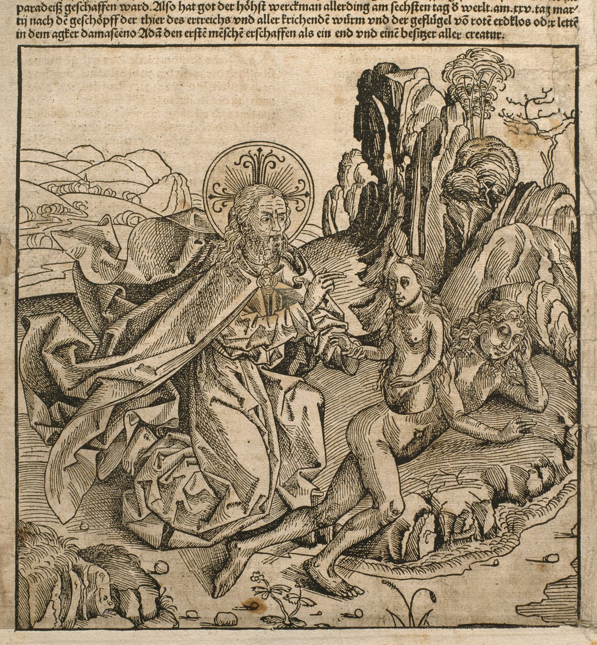 Dios el Padre creando a Eva de la costilla de Adán, ilustración del 