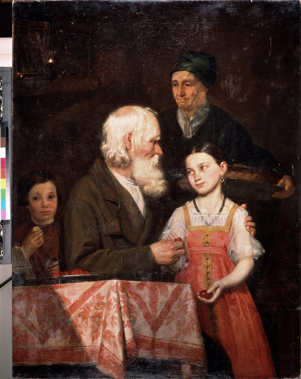 Pascua. Un anciano regala huevos teñidos de rojo a su nieta, la abuela trae un bollo de Pascua tradicional. Pintura de Michail Andreevich Mokhov (1819-1903), óleo sobre lienzo de Michail Andreevich Mokhov