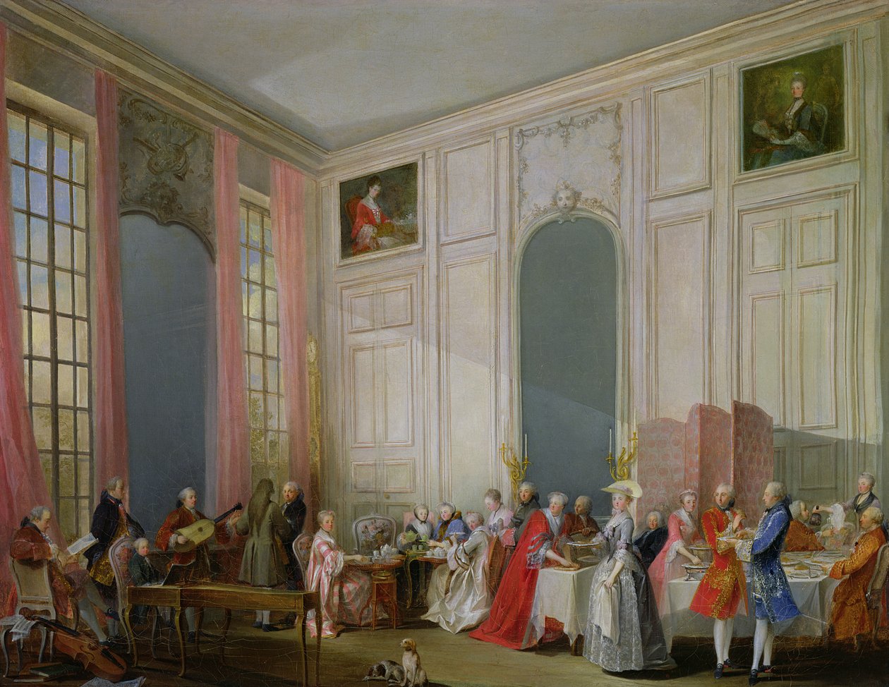 El té inglés y un concierto en la casa de la Princesa de Conti, Palais du Temple, París con el joven Mozart en el clavicordio, 1766 de Michel Barthelemy Ollivier or Olivier