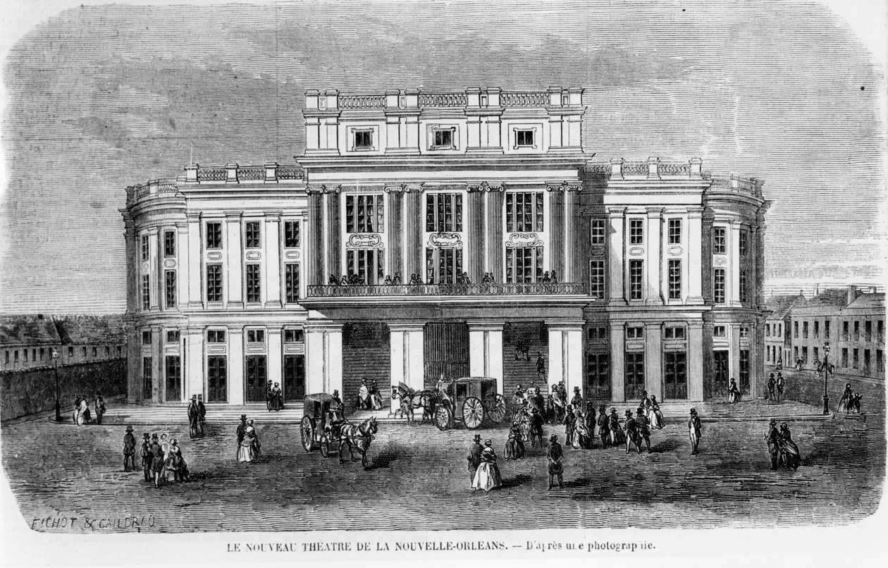 El Nuevo Teatro en Nueva Orleans, grabado después de una fotografía, 1859 de Michel C. and Gaildrau, Jules Fichot