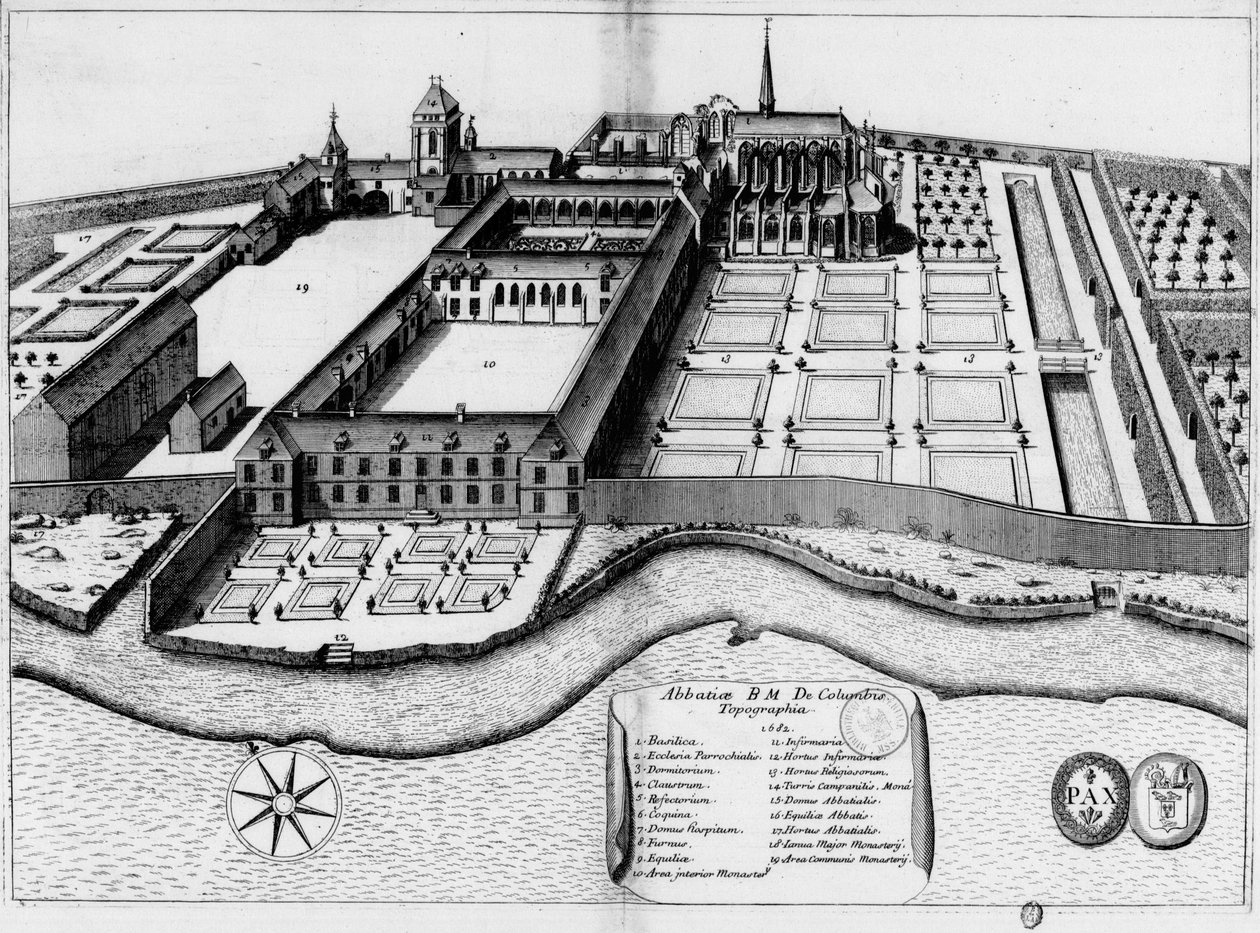 Plancha grabada del siglo XVII representando la abadía de Notre-Dame de Coulombs, en el libro Monasticon Gallicanum de Michel Germain
