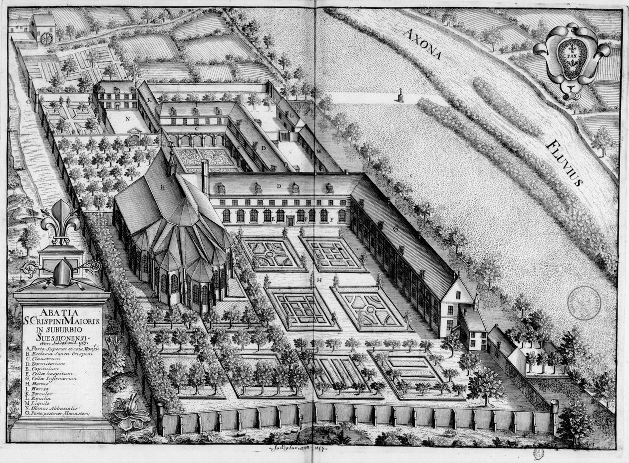Plancha grabada del siglo XVII representando la abadía de Saint-Crépin-Le-Grand de Soissons, en el libro Monasticon Gallicanum de Michel Germain