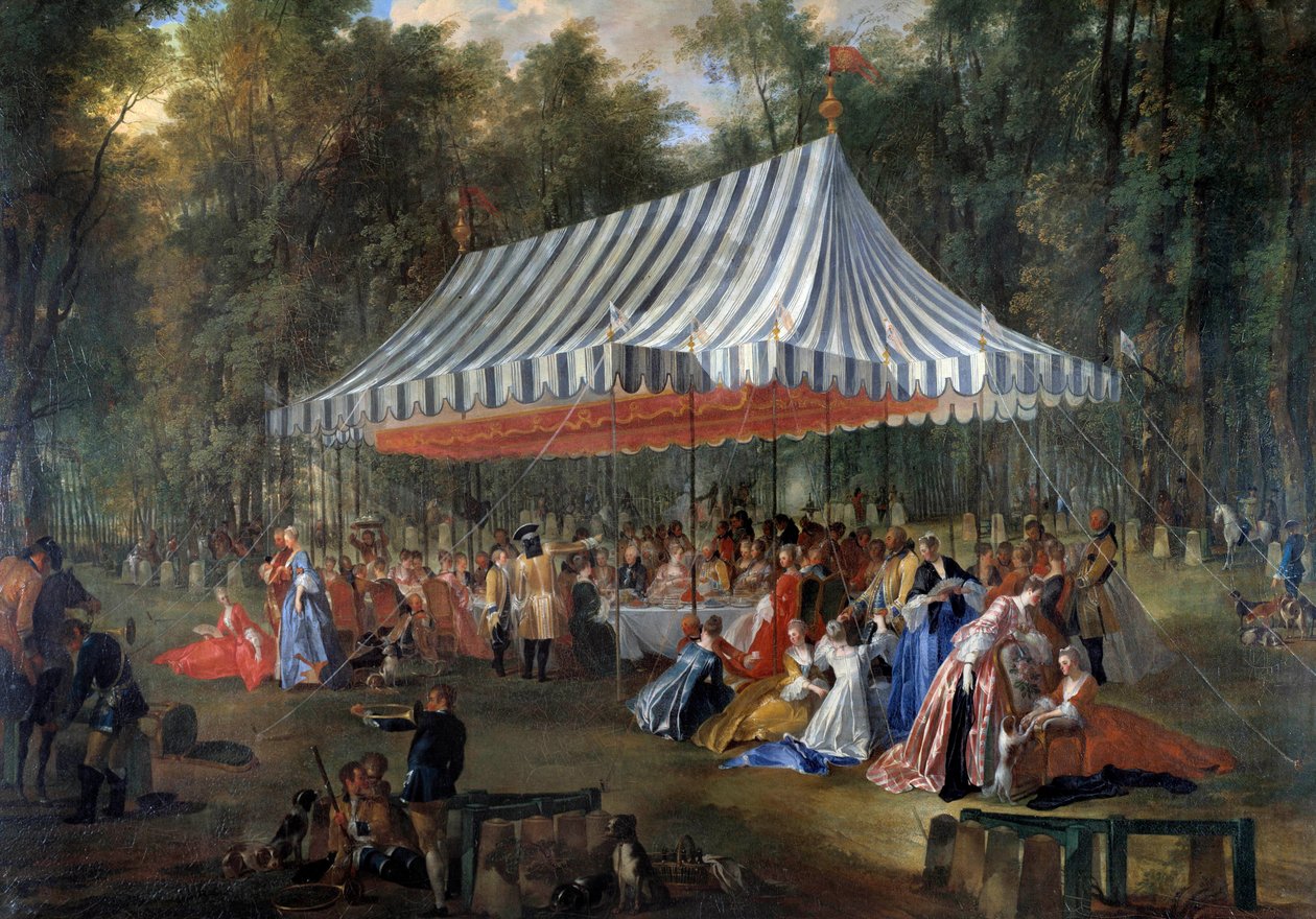 Fiesta dada por Luis Francisco José de Borbón, Príncipe de Conti, al Príncipe Heredero Carlos Guillermo Fernando de Brunswick Lüneburg, bajo la tienda, en el bosque de Cassan, en la Isla Adam en 1766 Banquete en el parque de Michel Barthelemy Ollivier or Olivier