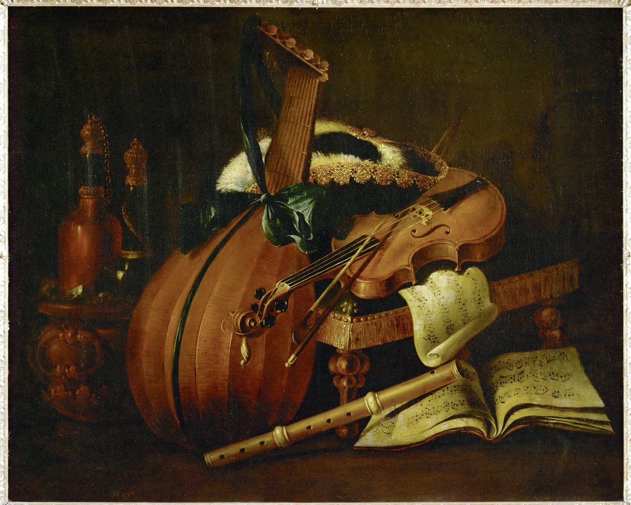 Laúd, violín, flauta, partitura y sombrero de tres picos ... de Michel Boyer