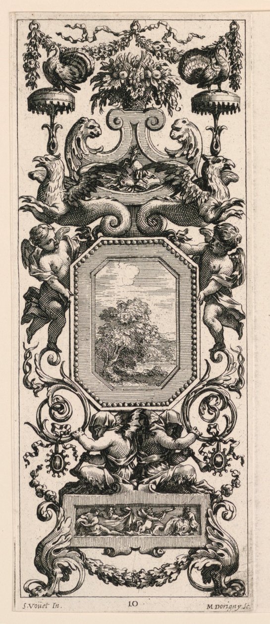 Panel ornamental coronado por una cesta de flores y una guirnalda, lámina 10 del Libro de diversas grotescas pintadas en el gabinete y baños de la Reina Regente, en el Palacio Real de Michel Dorigny