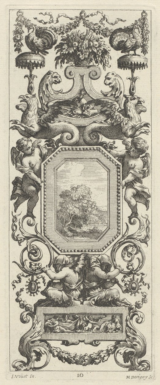 Panel ornamental coronado por una cesta de flores y una guirnalda de Michel Dorigny, after Simon Vouet