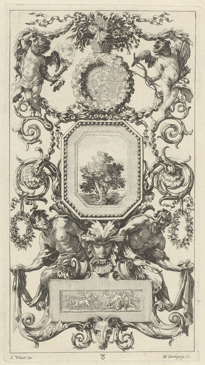 Panel Ornamental Coronado por una Cesta de Flores con Cupido e Himeneo de Michel Dorigny, after Simon Vouet