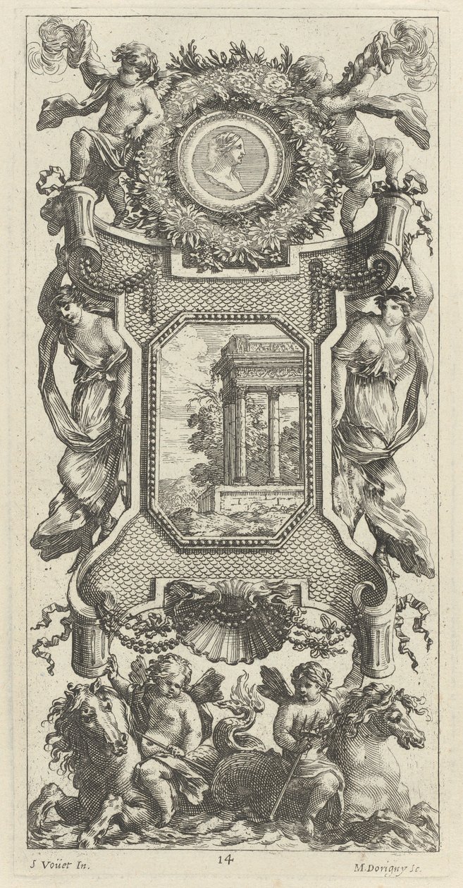 Panel ornamental coronado por un busto de una mujer y dos putti con trompetas flamígeras de Michel Dorigny, after Simon Vouet